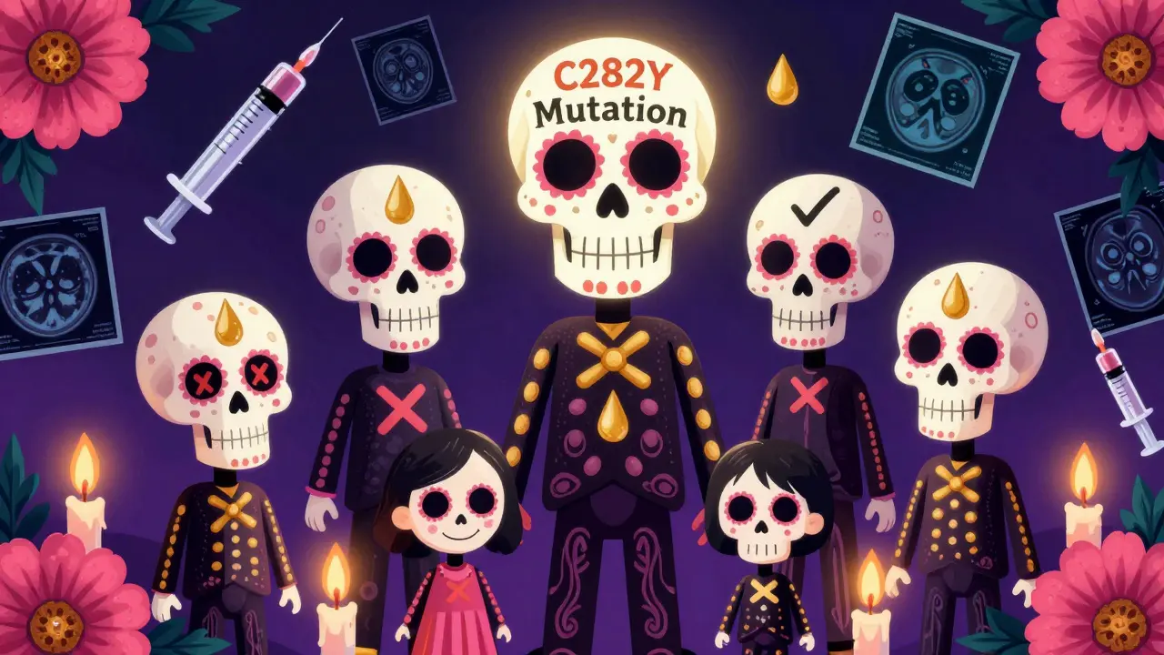 Family tree of sugar skulls showing genetic inheritance of hemochromatosis, with treated and untreated ancestors marked by blood drops and checkmarks.