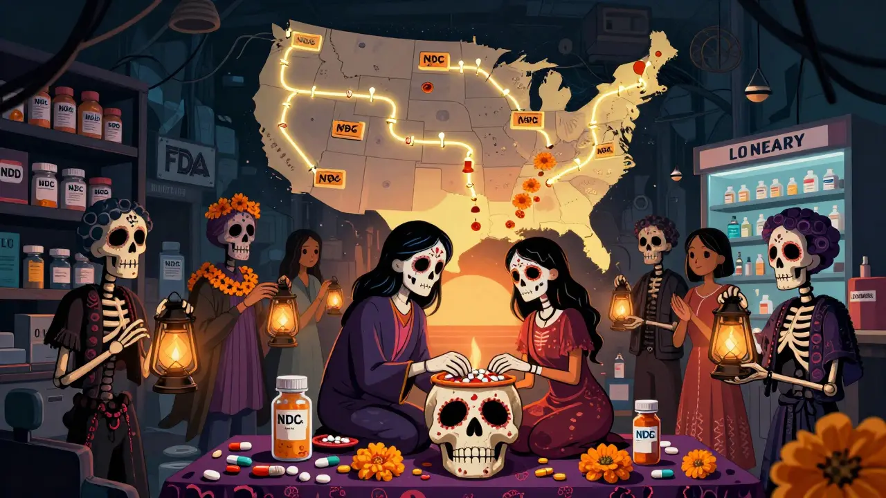 Journey from fake drug warehouse to sacred altar with verified pill on skull tray, lit by pill-bottle lanterns.