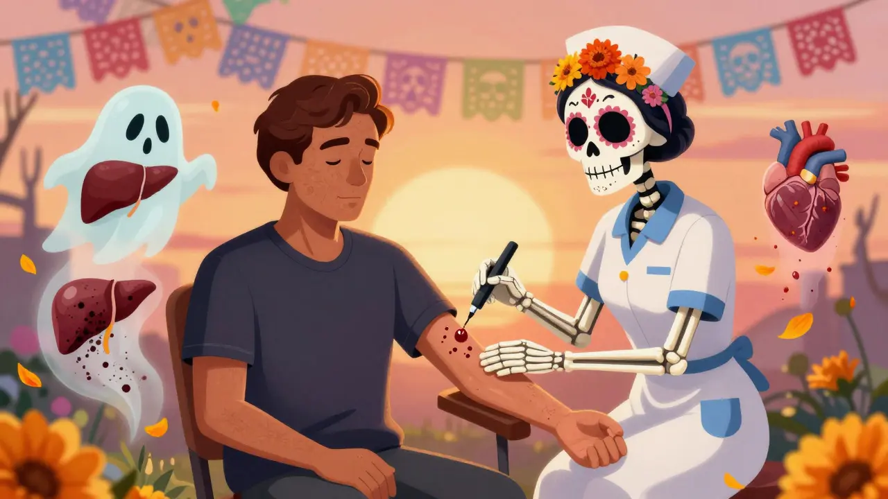 Man receiving phlebotomy as ghostly organs lose iron stains, with fatigue symbols dissolving into marigold petals in colorful calavera style.