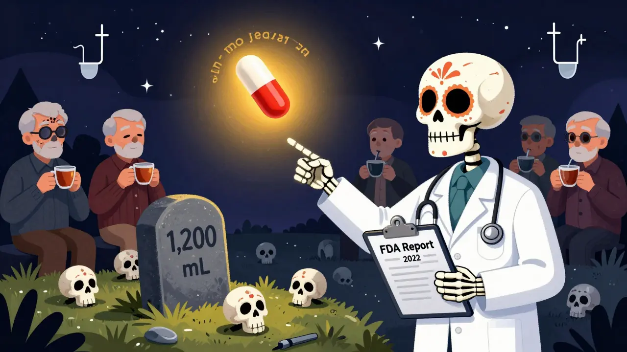 Medical skeleton pointing to bladder tombstones, with Gemtesa pill glowing above calm elderly men, Day of the Dead style.