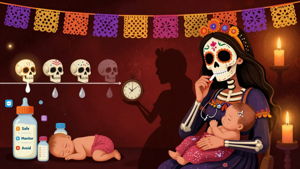 Mother takes a pill after feeding, her shadow holding a clock — milk droplets turn into skulls labeled Safe, Monitor, Avoid.