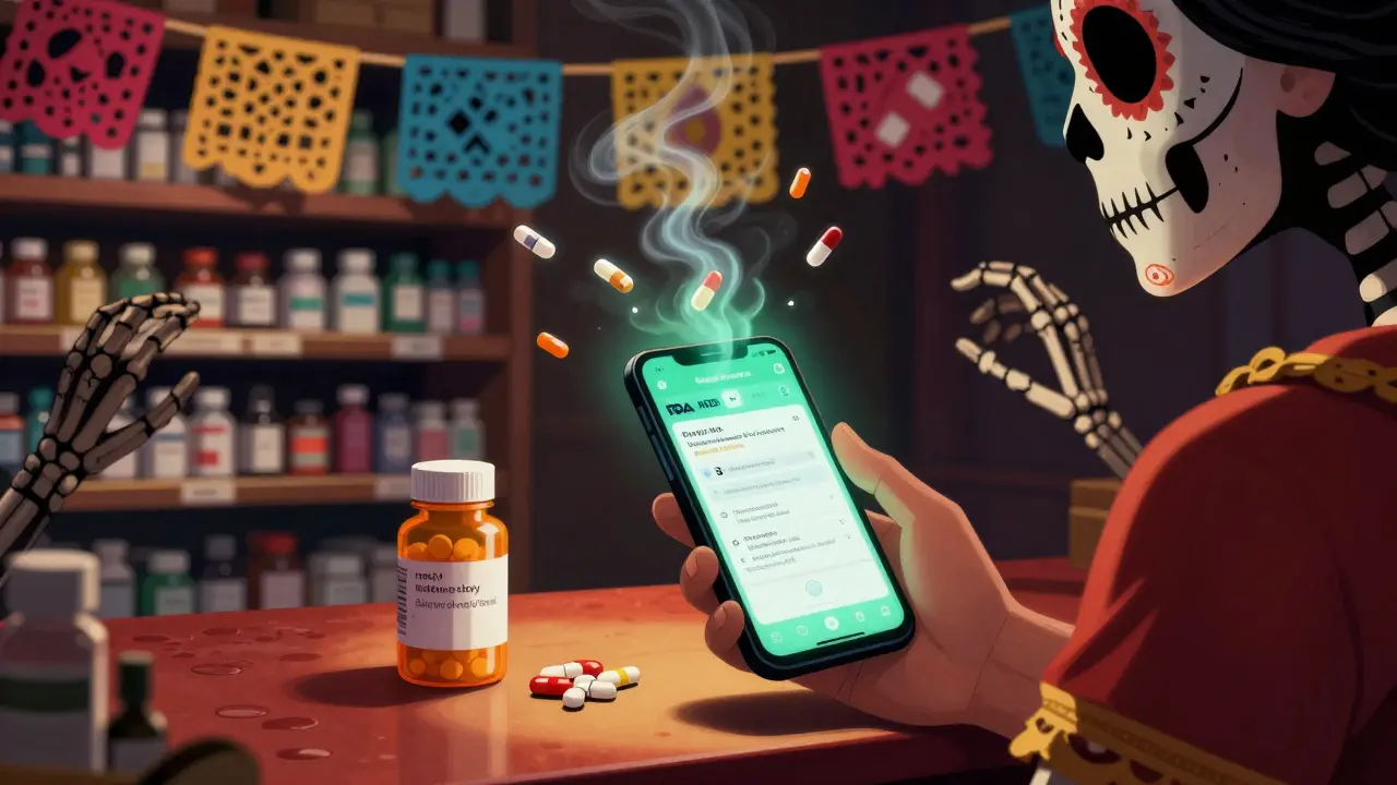 Patient checking a pill bottle with a smartphone, spectral FDA interface glowing as counterfeit pills dissolve into smoke.