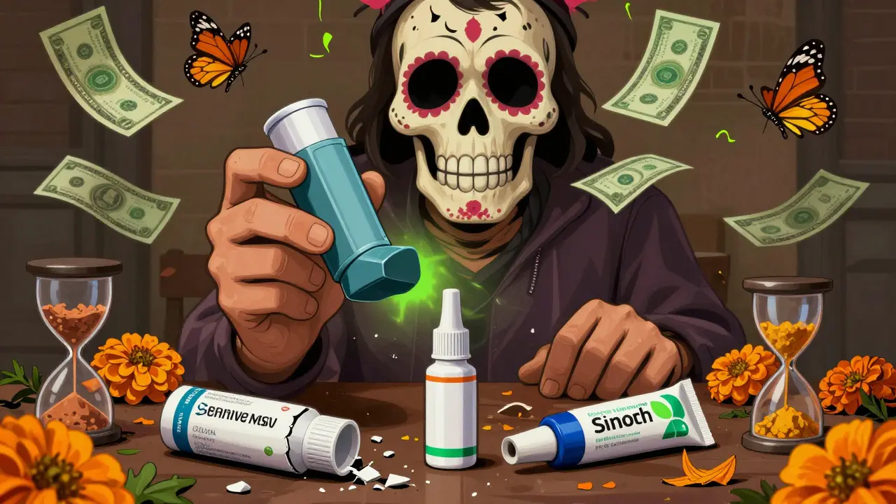 Patient holding generic inhaler as brand-name version looms large, failed generics broken below with marigolds.