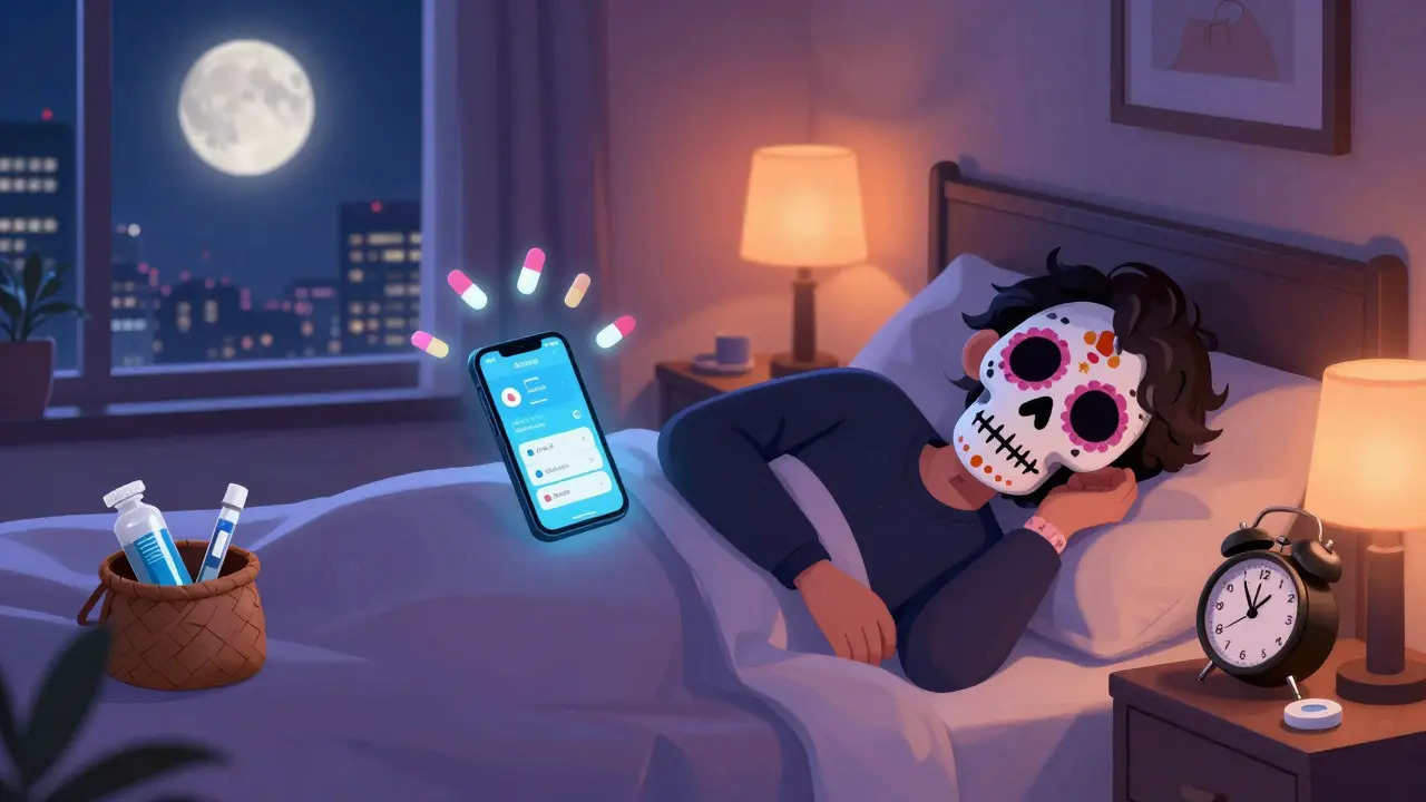 Person sleeping as skeletal alarm clock rings, glowing pills and insulin cool pack beside bed in Tokyo hotel.