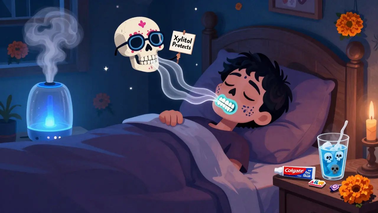 Person sleeping peacefully with saliva streams protecting teeth, xylitol sign and humidifier in marigold mist, Day of the Dead aesthetic.