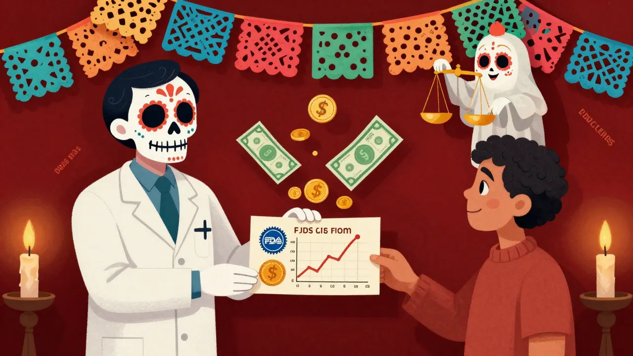 Pharmacist handing a patient a papel picado infographic with icons of savings and bioequivalence.