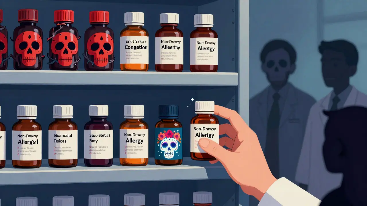Pharmacy shelf with dangerous decongestant bottles on one side, safe antihistamines on the other, under watchful lab coats.