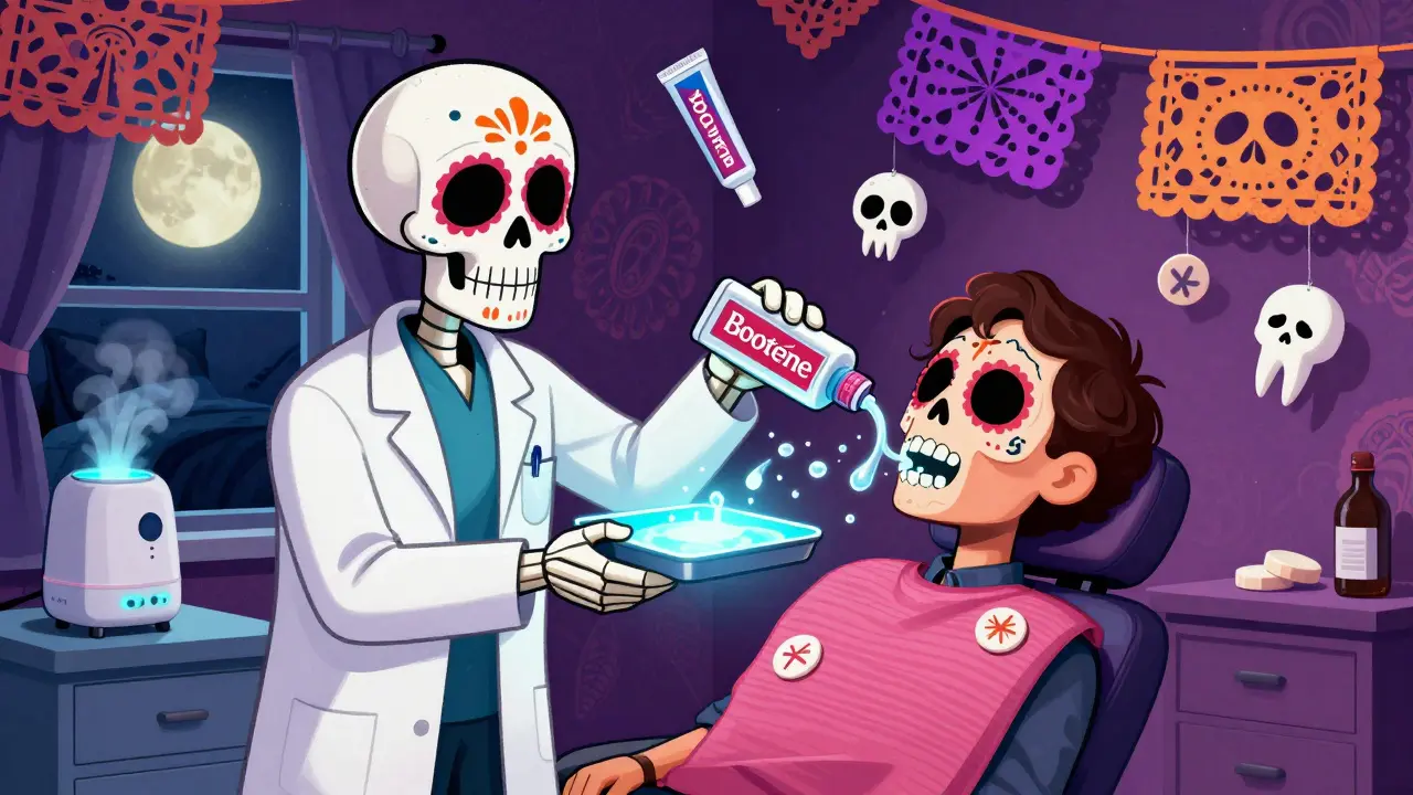 Skeleton dentist offering a fluoride tray to a patient, with saliva droplets shaped like skulls and alcohol-free products in ornate Day of the Dead design.