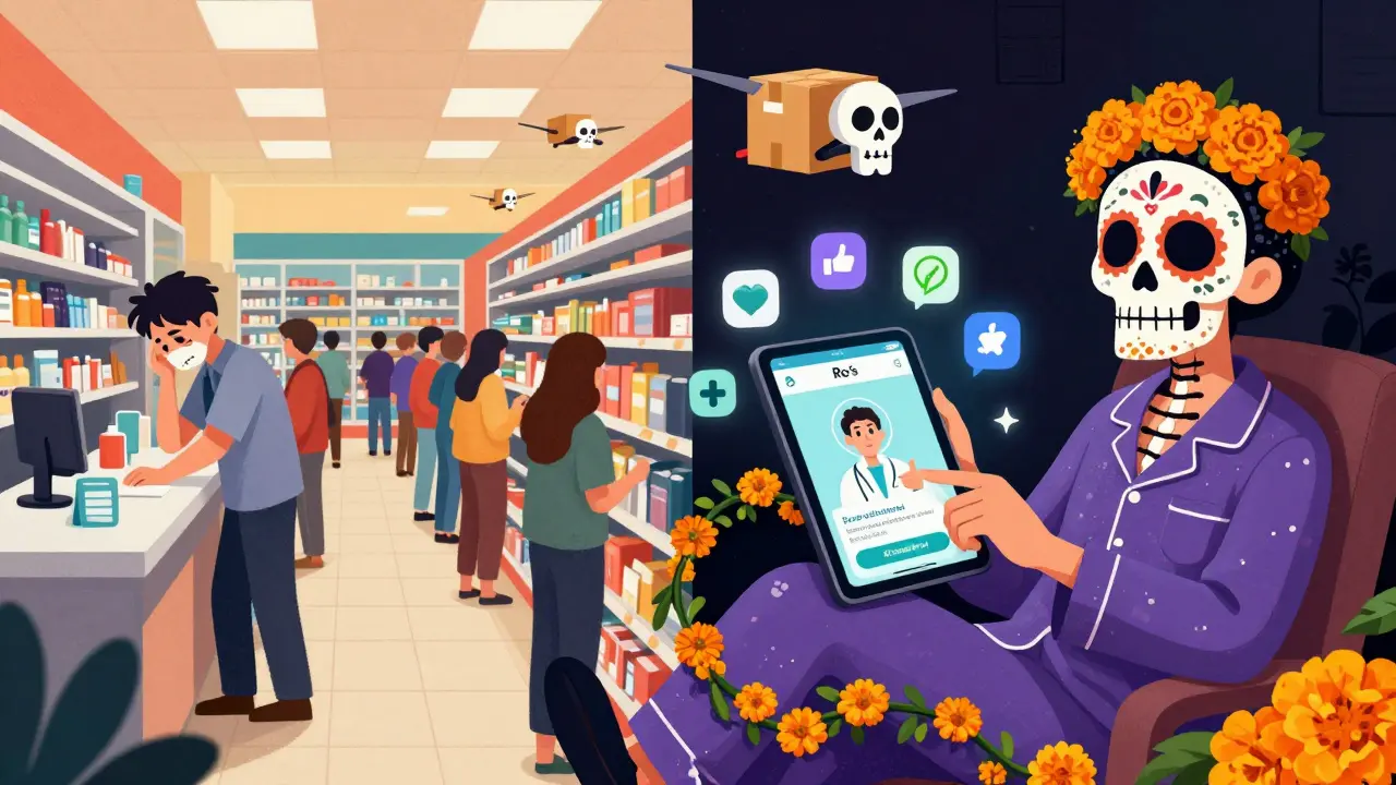 Split scene: chaotic pharmacy vs. calm home app use, with health icons and skull drones delivering medicine in vibrant Day of the Dead colors.