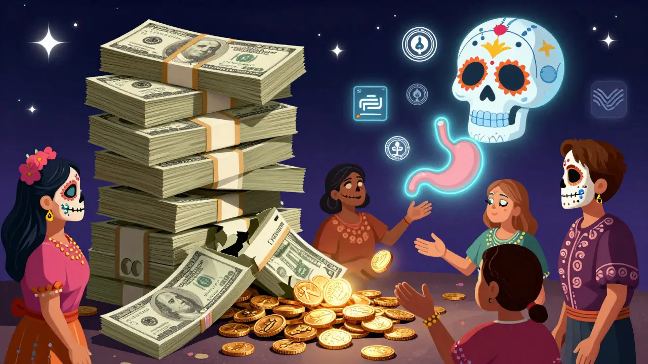 Stack of dollar bills turning into coins as diverse patients catch them under a glowing AR pill projection.