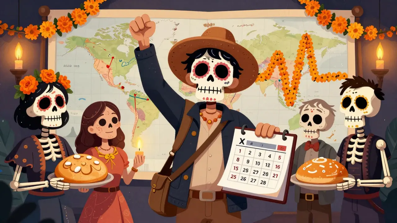 Traveler returns home with lab report, skeletal family offers pill-decorated bread, map of time zones behind them.