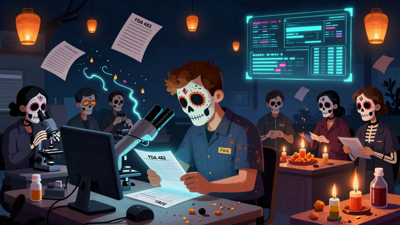 Workers sign inspection papers as skeletal examiners review digital records and burning paper logs in a surreal factory scene.