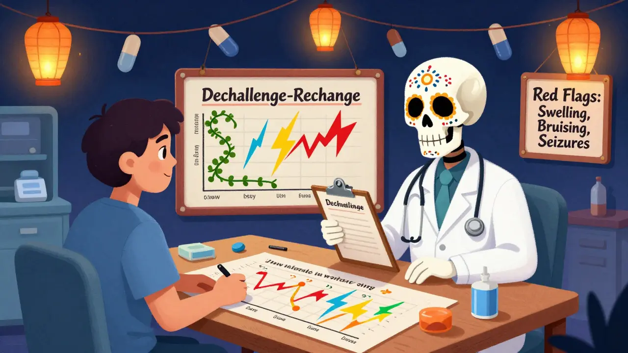 A doctor and patient compare disease and side effect patterns using skeletal charts, with warning signs and pill-shaped lanterns.