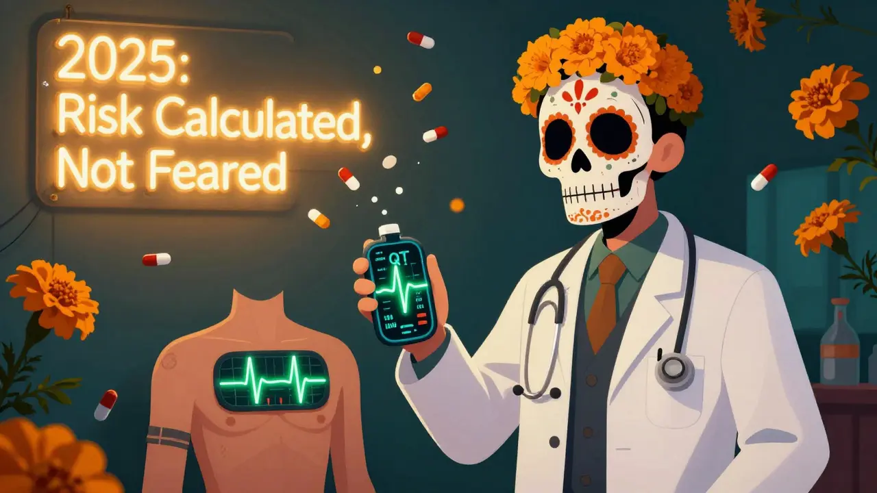 A doctor holding a digital ECG patch with a normal heart rhythm, pills turning to marigolds, in Day of the Dead style.