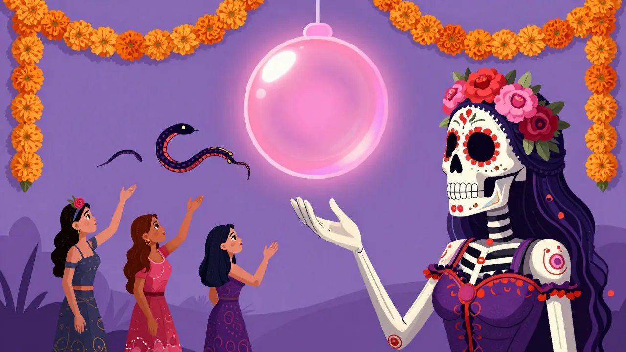 A glowing vaginal ring hovering above a skull, with one ring slipping out and turning into a serpent, illustrated in Day of the Dead aesthetic.