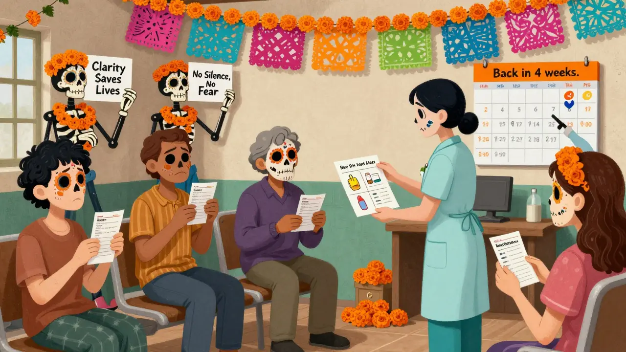 A nurse hands a patient a plain-language handout in a rural clinic, with a calendar showing when medication will return.