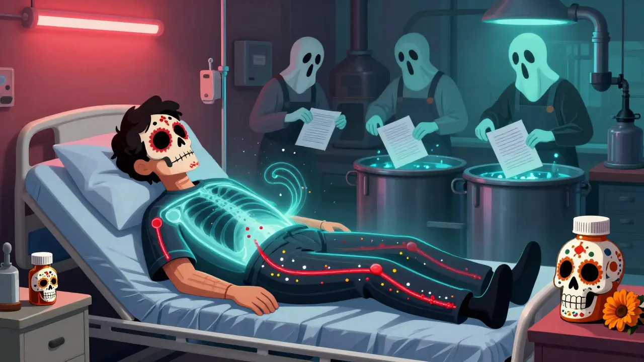 A patient's X-ray reveals toxic particles in their blood, with ghostly factory workers destroying documents in the background.