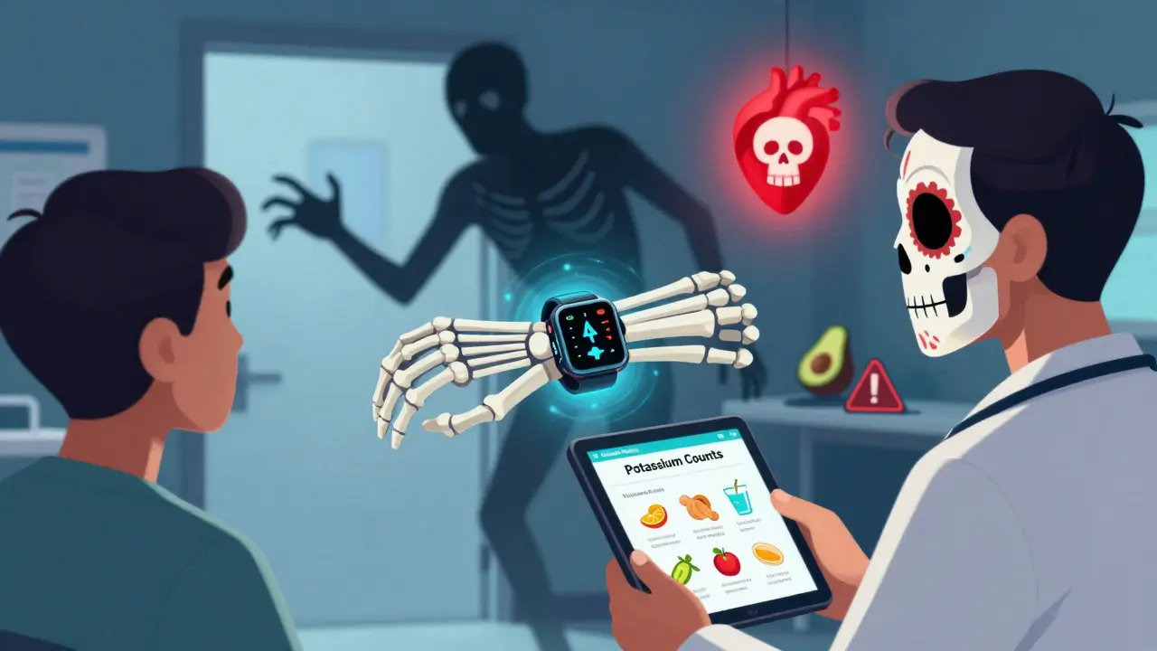 A smartwatch detecting potassium levels on a skeletal arm, with a patient consulting a doctor using a food-tracking app in Day of the Dead style.