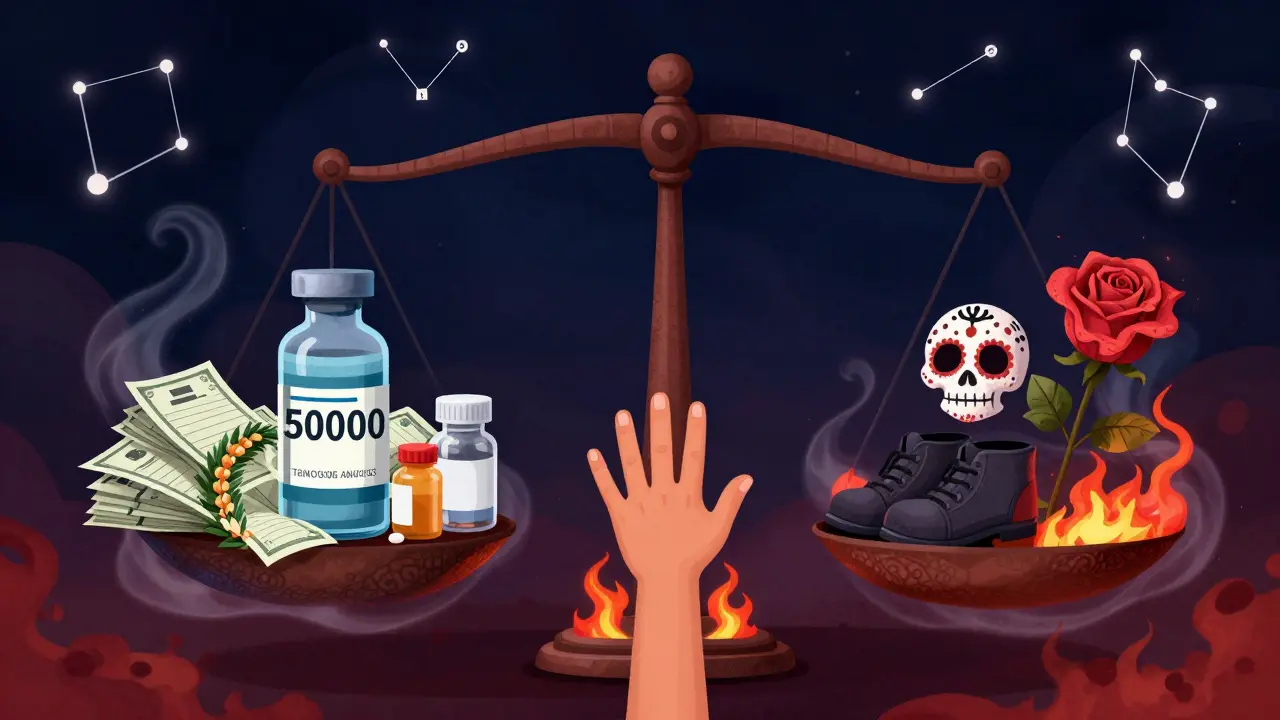 A symbolic scale balances an expensive drug vial against symbols of life and health, all rendered in Day of the Dead artistic style.