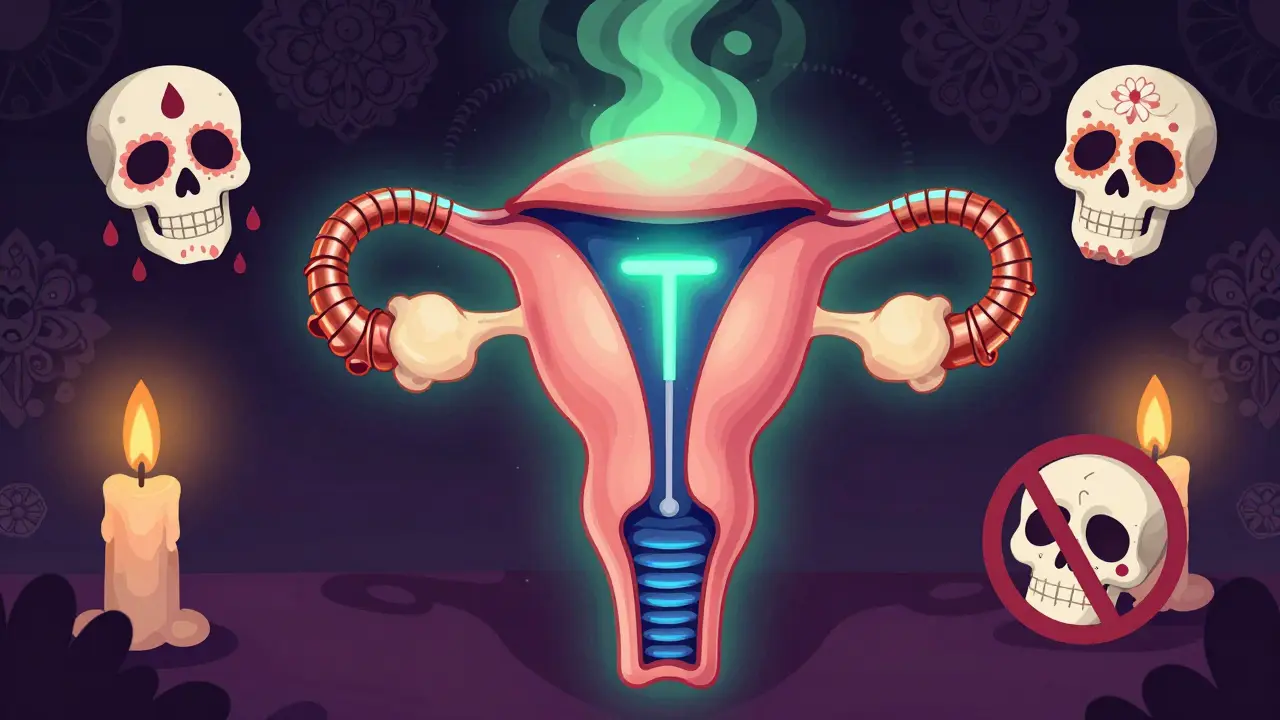A T-shaped IUD inside a glowing uterus, with copper and hormonal versions shown side by side, surrounded by symbols of heavy and light periods, in Day of the Dead style.