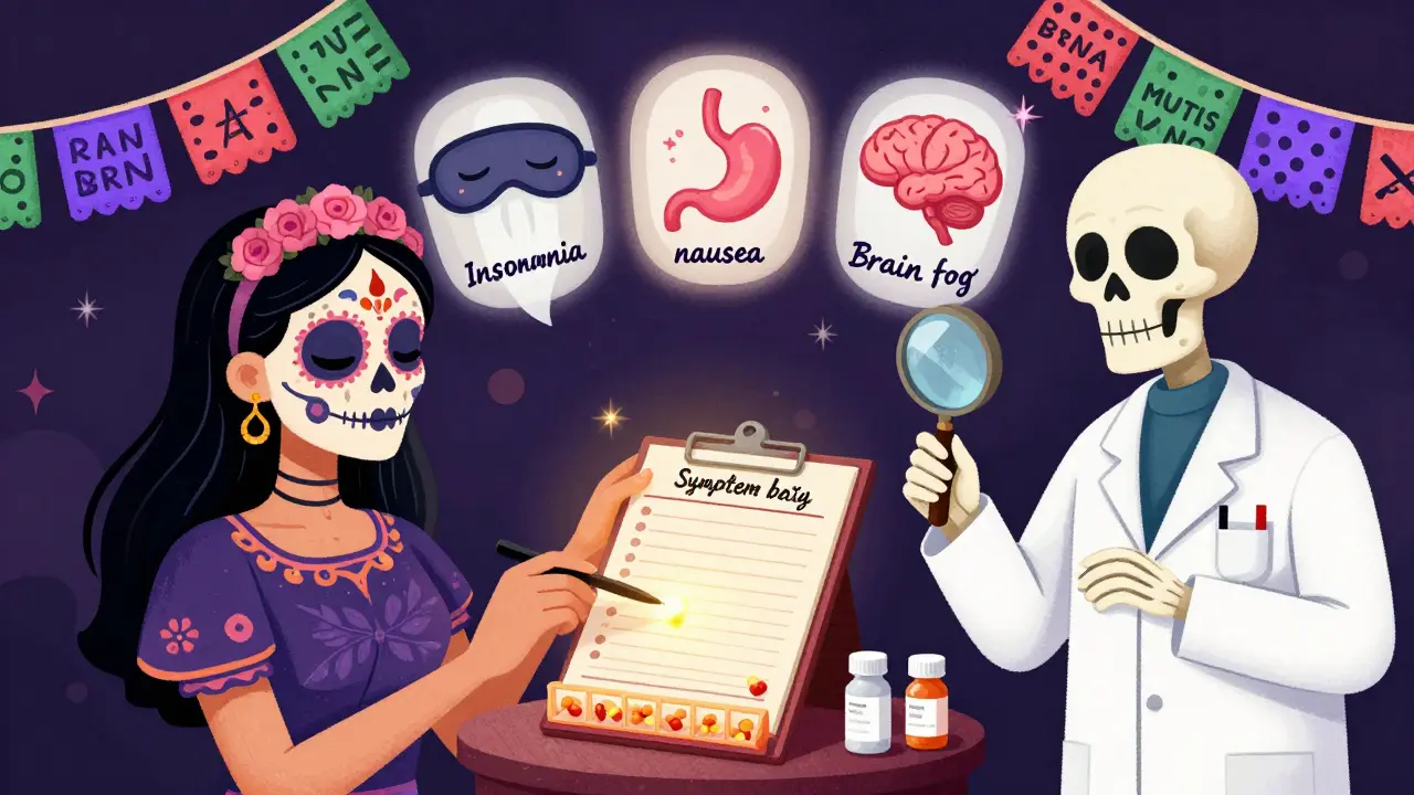 A woman tracking symptoms with a diary and pill organizer, guided by a pharmacist skeleton, with floating health icons.