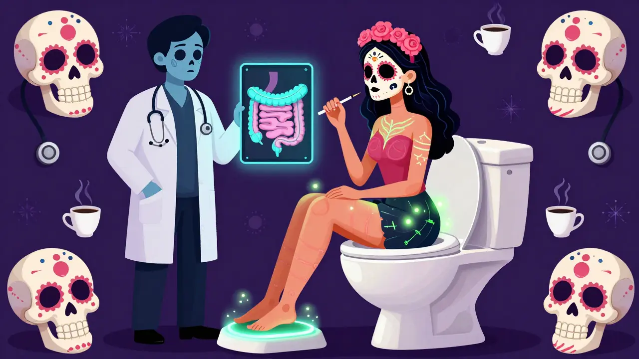 A woman using a footstool while biofeedback sensors glow around her, with a doctor holding a smartphone projecting a colon scan, surrounded by sugar skulls and coffee cups.