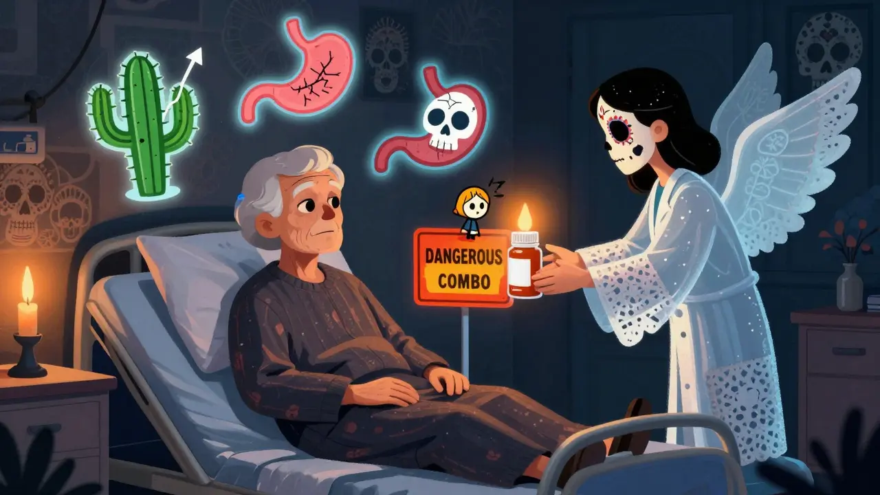 An elderly patient on a hospital bed with floating INR graphs and bleeding icons, guided by a papel picado angel toward acetaminophen.