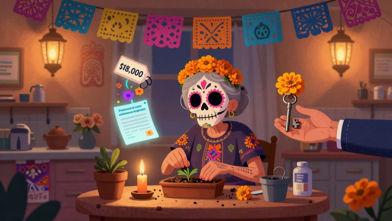 An elderly woman gardens in a hospital room, surrounded by floating icons of financial aid and care, under a twilight sky of colorful banners.