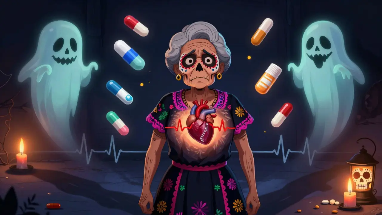 An elderly woman with her heart exposed, surrounded by ghostly medication figures, in Day of the Dead aesthetic.