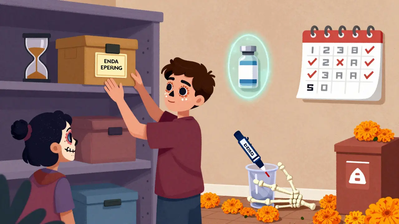 Family practicing emergency med retrieval with glowing vials and a checkmarked calendar in skull-themed setting.