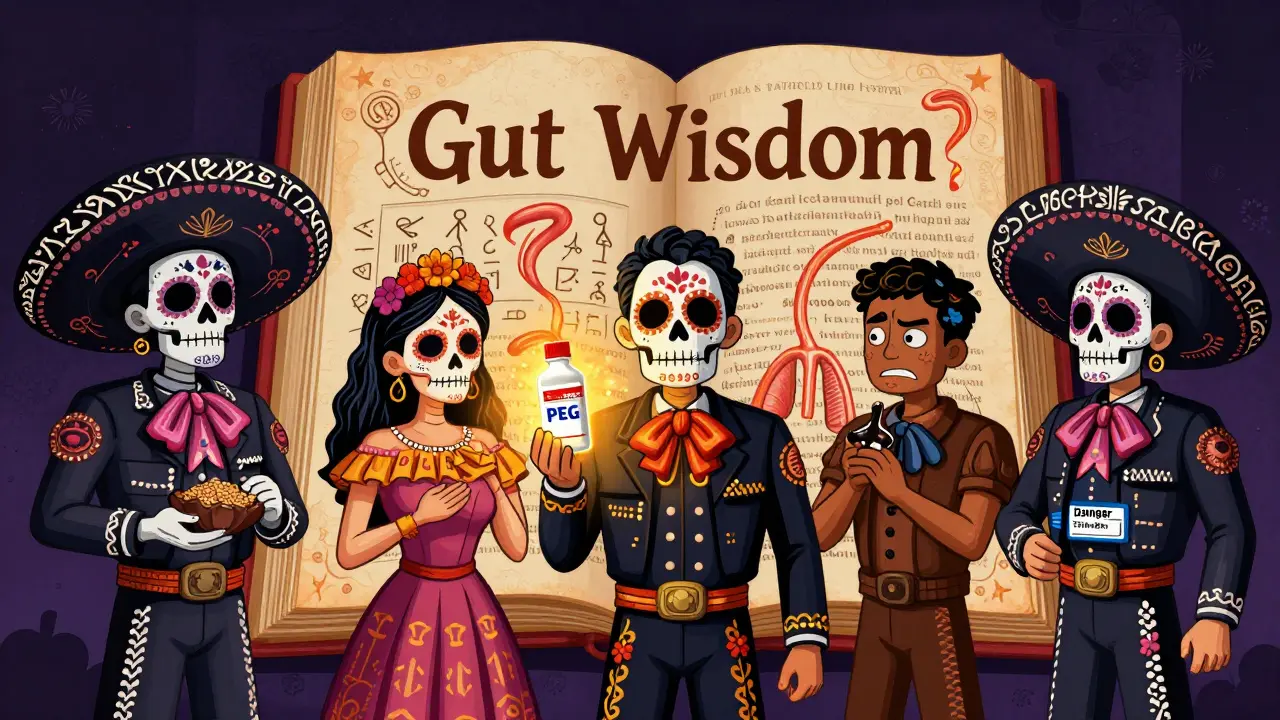 Figures in traditional attire holding different laxatives, standing before an ancient book with animated glyphs of nerves and muscles.