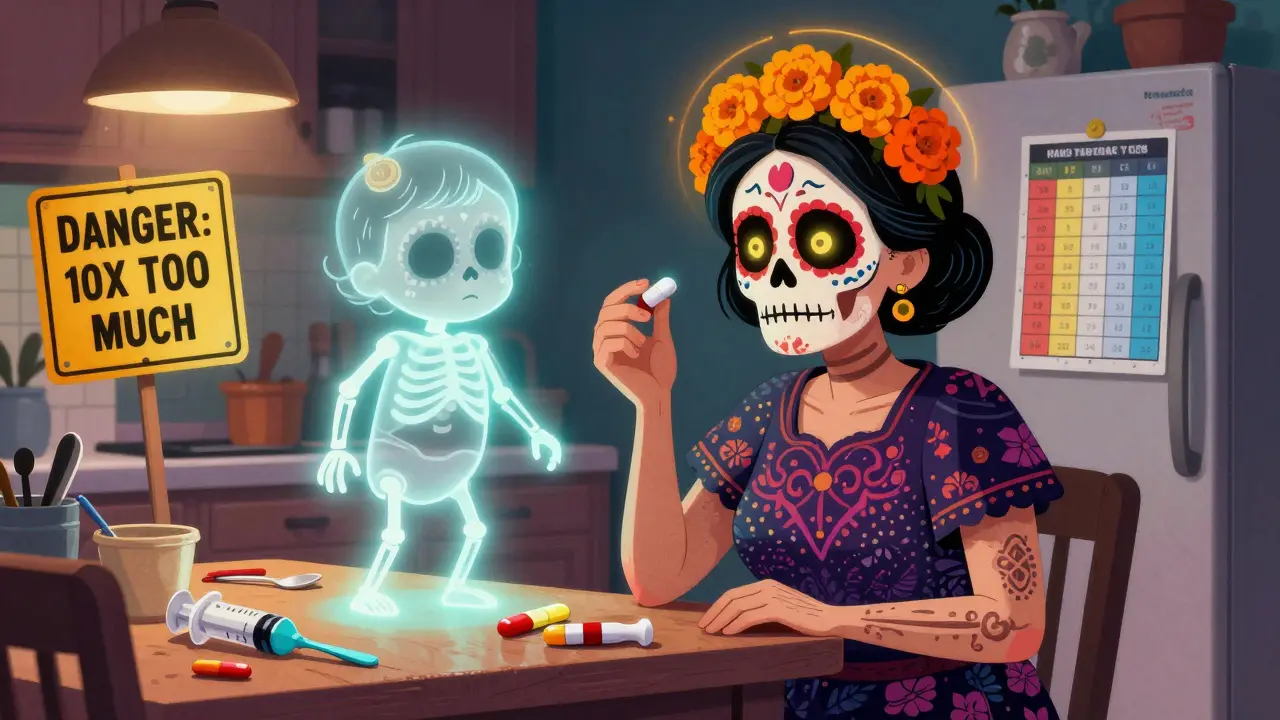 Grandmother holding adult antihistamine tablet as ghostly child glows with warning, surrounded by kitchen measuring errors.