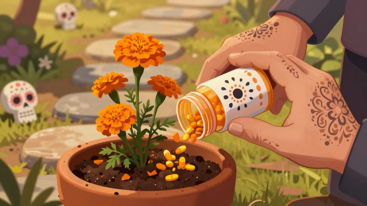 Hand placing pill bottle into marigold pot in Day of the Dead style.