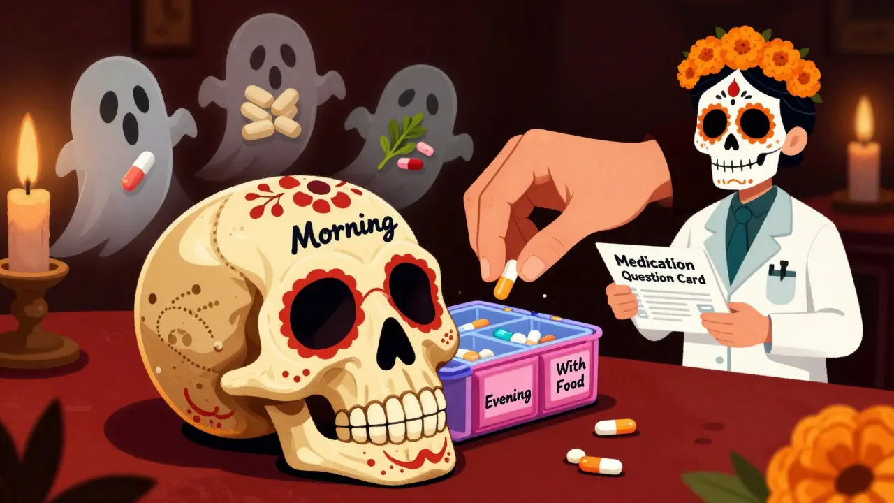 Hand placing pills into a skull-shaped organizer, with floating herbal supplements and a pharmacist offering a question card.