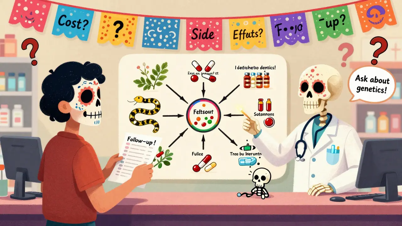 Patient at pharmacy with skeletal pharmacist showing a visual chart of drug interactions and floating questions.