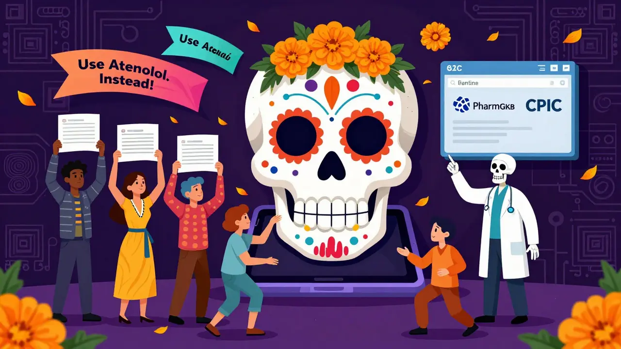 People uploading genetic reports to a sugar skull tablet, with AI recommendations as colorful banners and a doctor guiding them