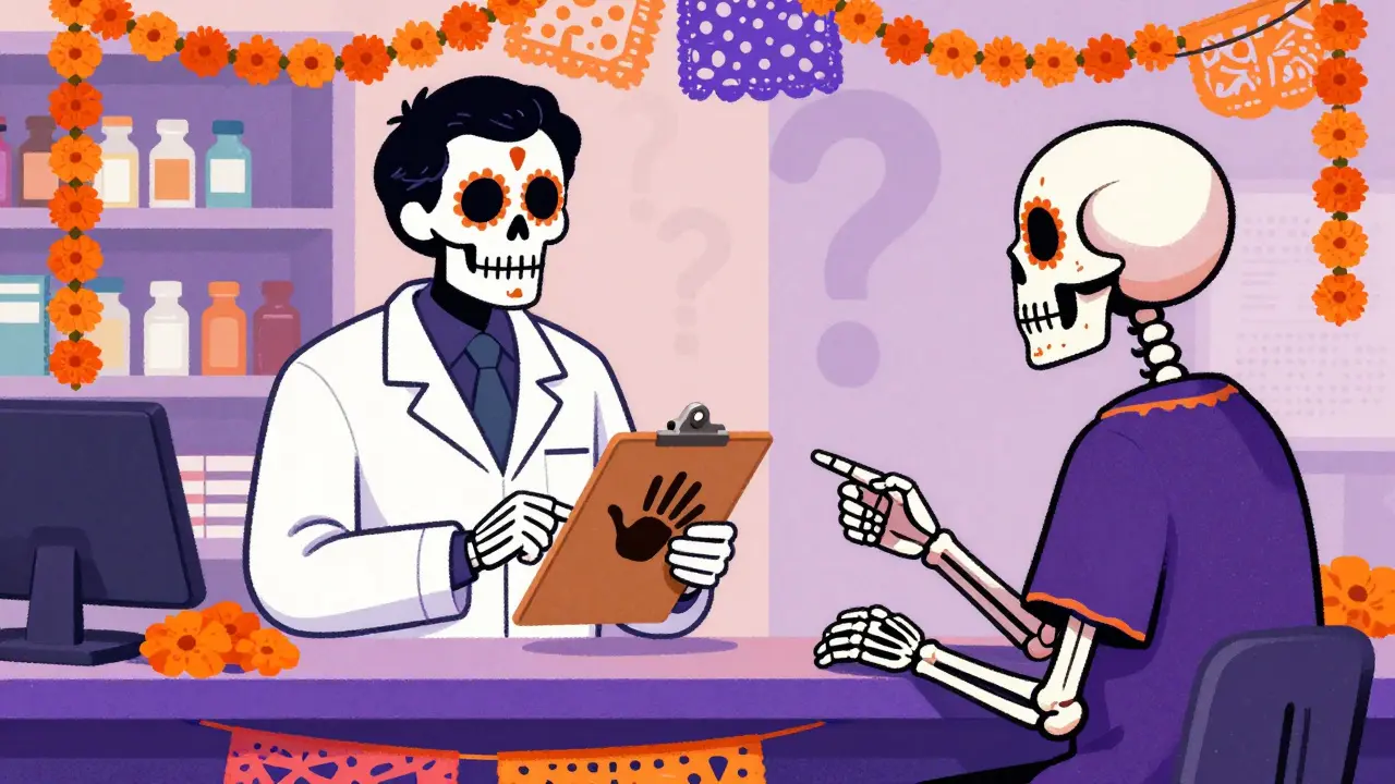 Pharmacist and patient discussing substitution with clipboard and marigold garlands.