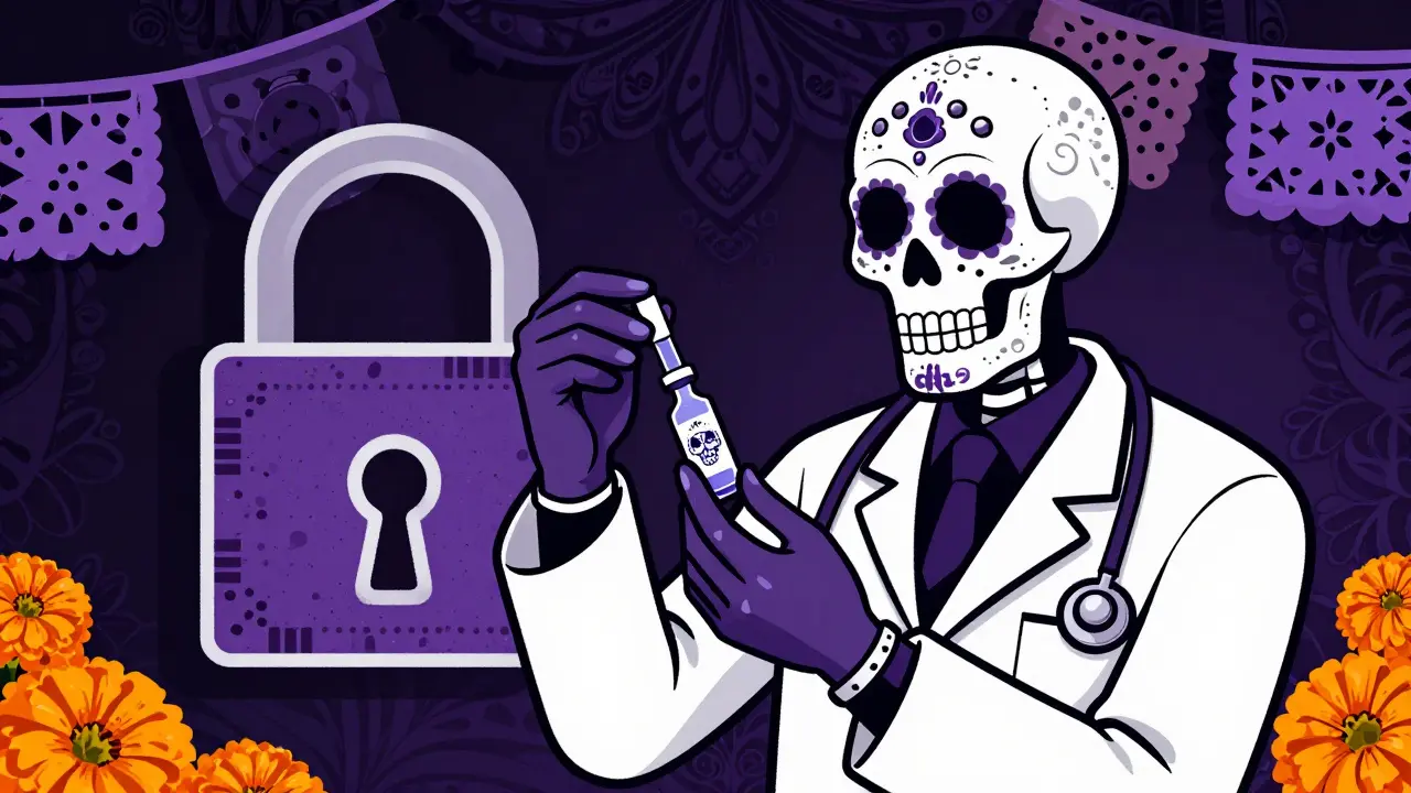 Pharmacist handling biologic vial with locked box symbol in Day of the Dead style.