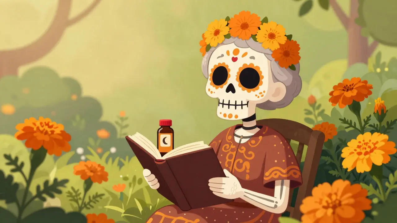 Senior calavera holding book and melatonin bottle in garden.