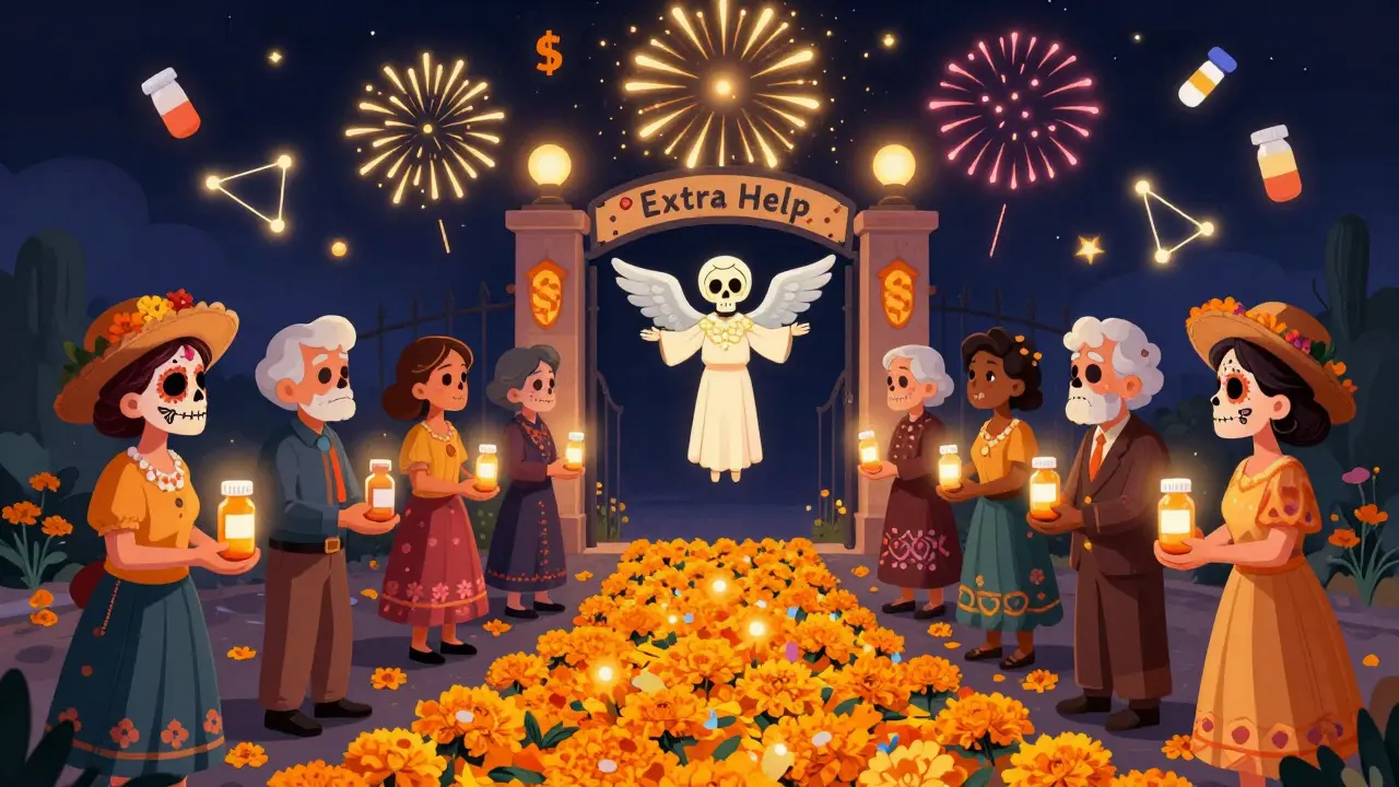 Seniors holding generic pill bottles forming a path of marigolds to a gate labeled 'Extra Help', skeletal angel welcoming them.