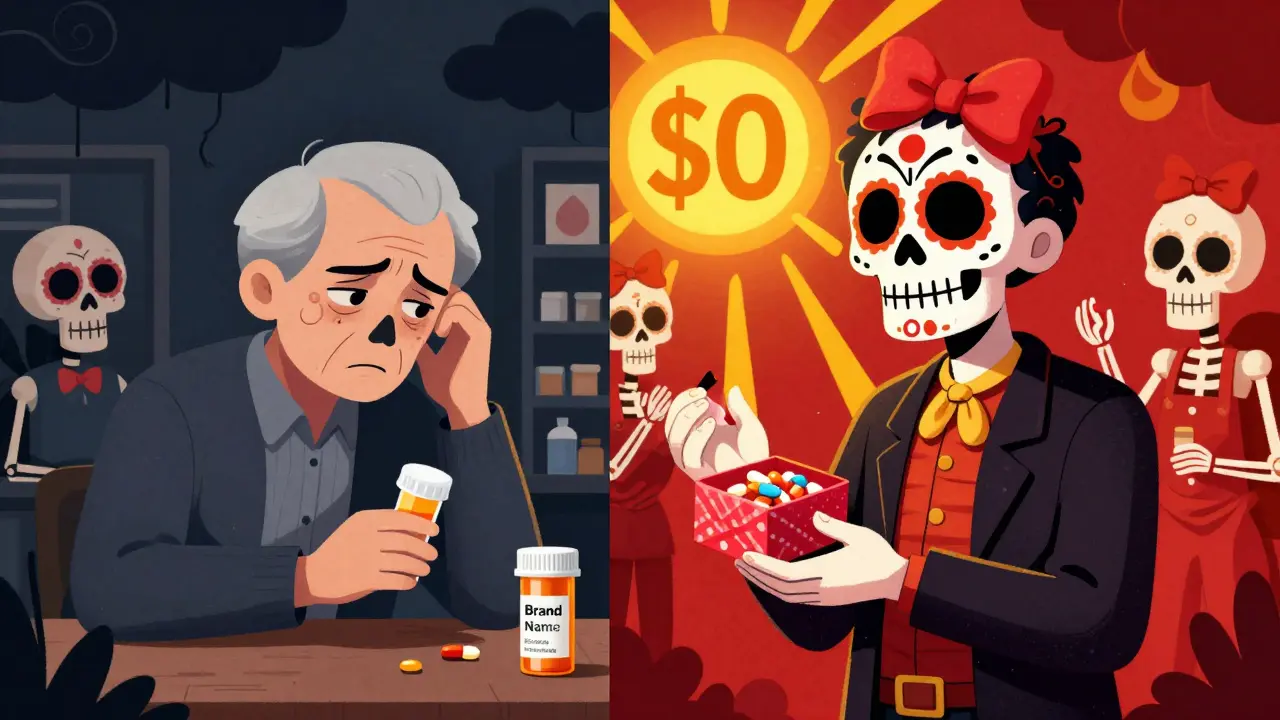 Split scene: stressed senior with brand-name drug vs. happy senior receiving generic pill with <h2>Who Gets the Best Deal? Low-Income Beneficiaries</h2> sign, vibrant skeleton pharmacist.