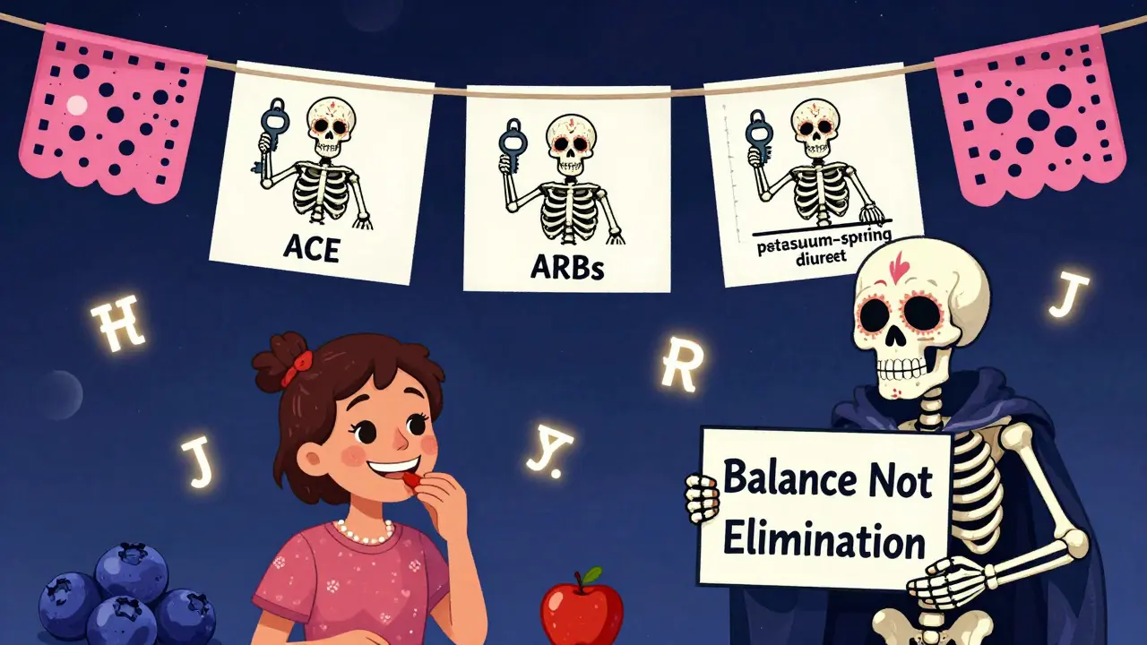 Three skeleton medications locking potassium into the body, while a patient eats safer fruits under a guardian's watch in Day of the Dead style.