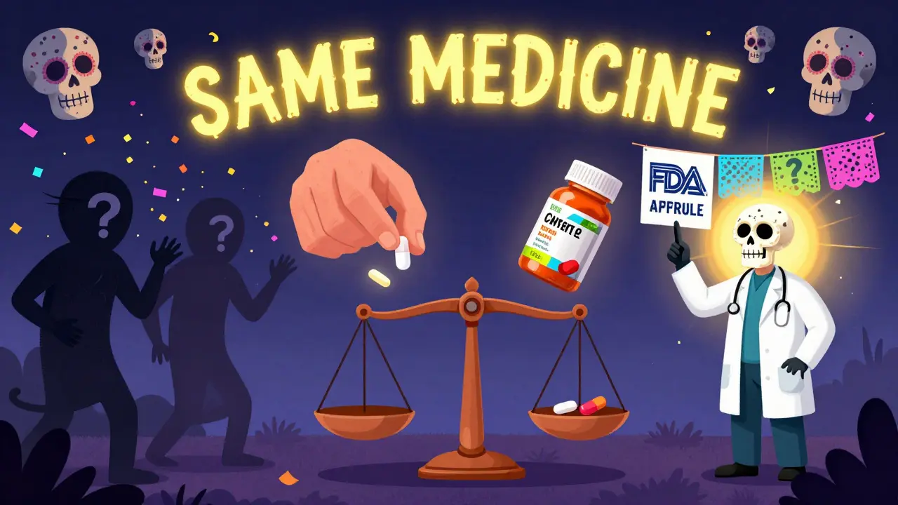 A patient holding two pills balanced on a heart scale, with sugar skulls and FDA banners glowing in Day of the Dead style.