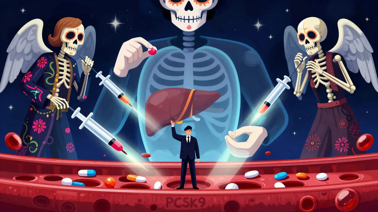 A person with transparent chest showing ezetimibe blocking cholesterol and PCSK9 inhibitors as skeletal angels aiding liver receptors.