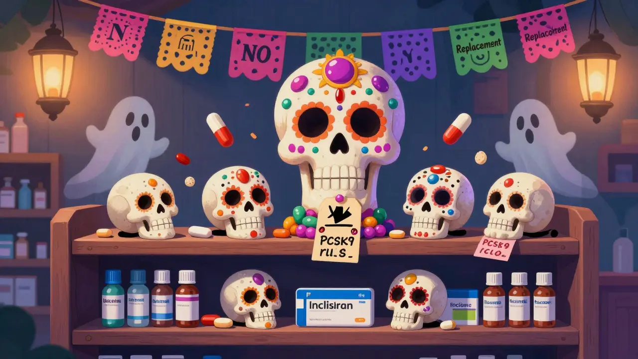 A pharmacy shelf with statins as simple sugar skulls and expensive PCSK9 drugs as ornate calaveras, surrounded by ghostly supplements.