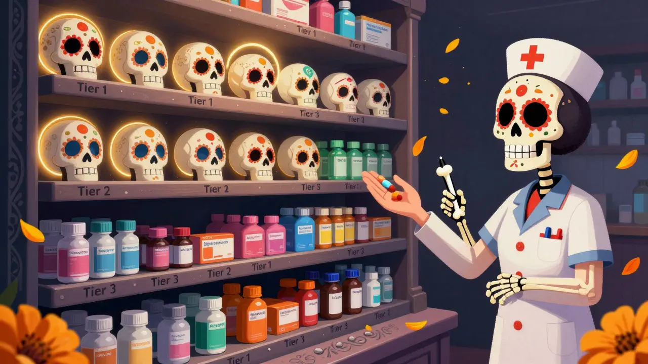 A tiered pharmacy shelf with sugar-skull pills, golden-glowing generics in Tier 1, dimmer brand drugs below, marigold petals drifting in the air.