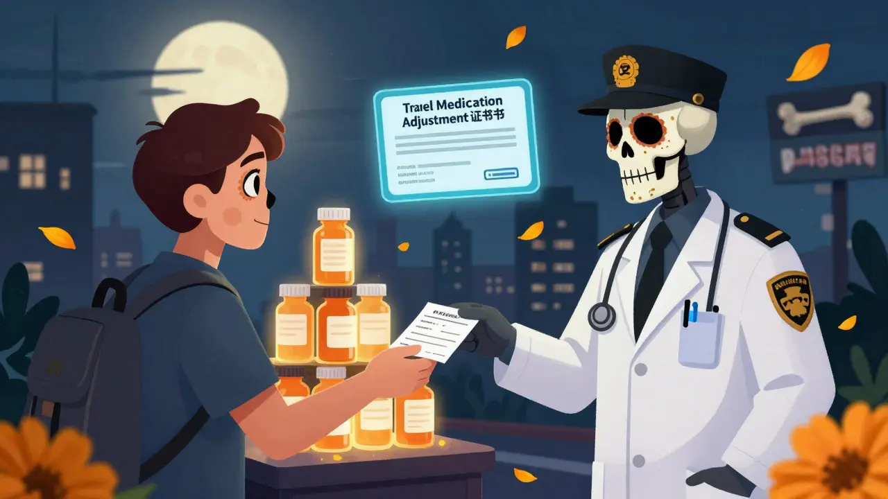 A traveler presenting a doctor’s note to a skeletal customs agent, with glowing medication bottles and a digital certificate floating nearby.
