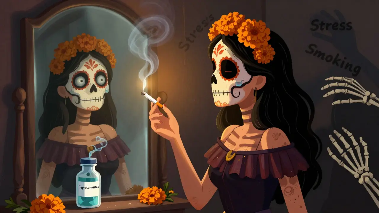 A woman facing her mirror reflection with bulging eyes as tear-skulls fall into a treatment vial, while smoking cigarette transforms into marigolds in a Day of the Dead scene.