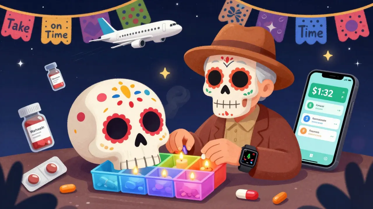 An elderly person using a skull-shaped pill organizer with candle-lit compartments, surrounded by reminder icons and a flying airplane.