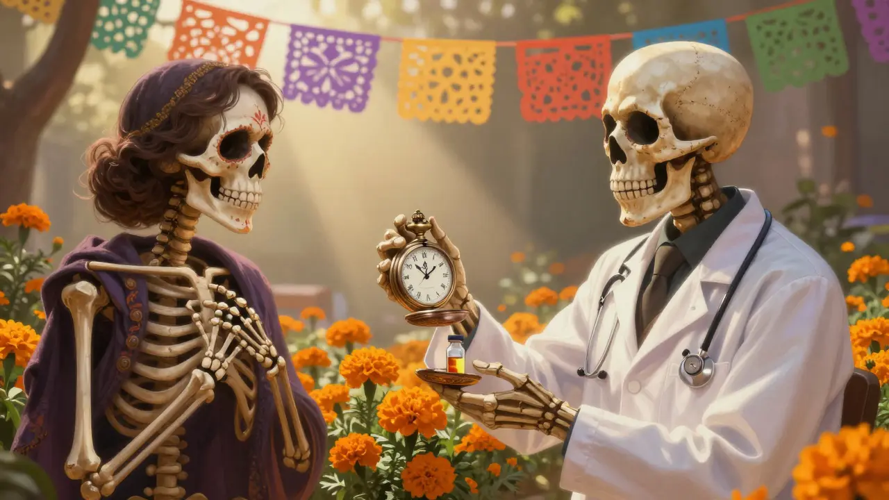 Doctor skeleton timing medication doses with a pocket watch.
